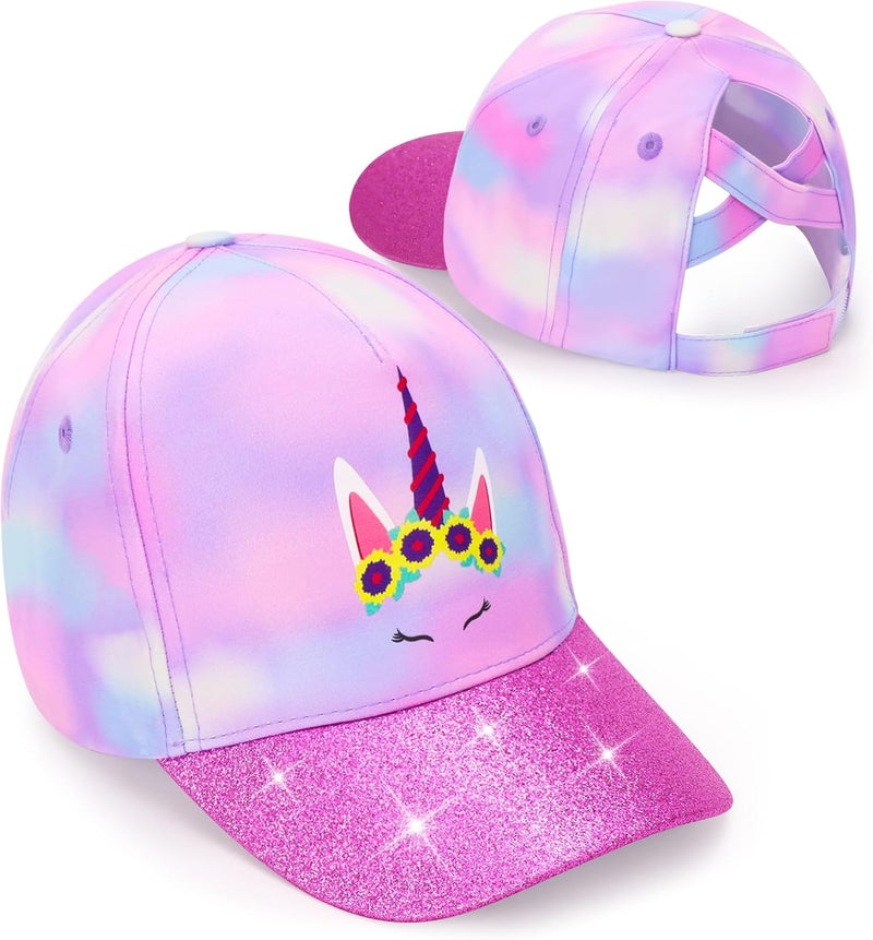 BROMZ Girls Glitter Baseball Cap Kids Ponytail Hat Adjustable Summer Mesh Trucker Hats for 4-12 Years - Image 1